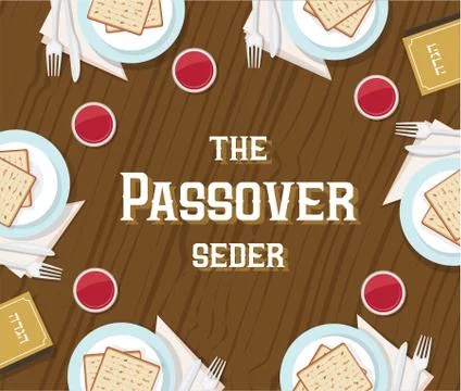 Traditional passover table with passover plate and Haggadah book Stock Illustration