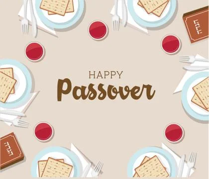 Traditional passover table with passover plate and Haggadah book Stock Illustration