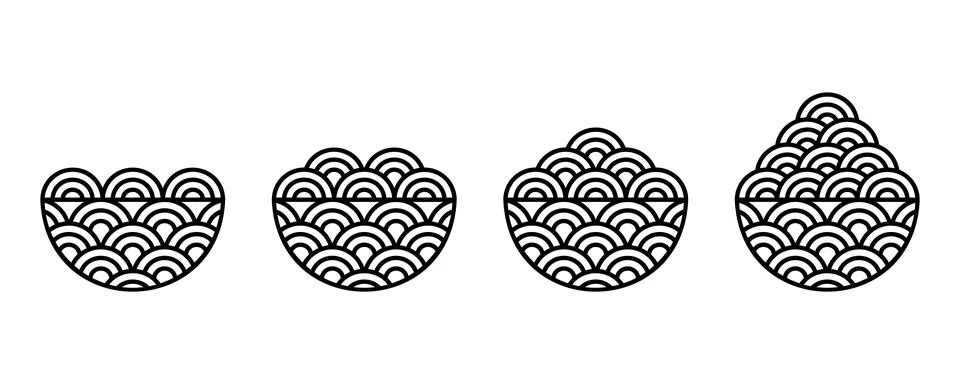 Traditional Patterned Ramen Bowls Portion Line Icon Set, Asian Food Vector Stock Illustration