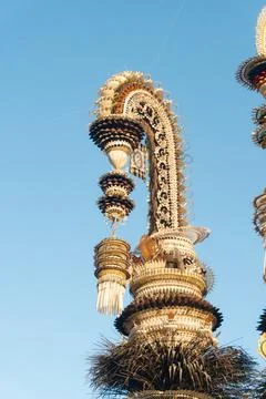 Traditional Penjor with Black White Pattern and Hanging Tassel, Bali Stock Photos