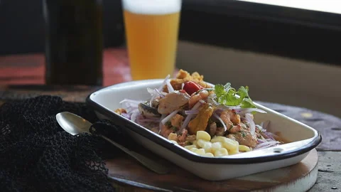 Traditional Peruvian Ceviche with corn and sheet potatoe Stock Footage 341438049