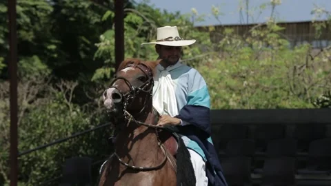 Traditional Peruvian dance, Peruvian man on a horse, a woman in a white dress Vídeo Stock 236938685