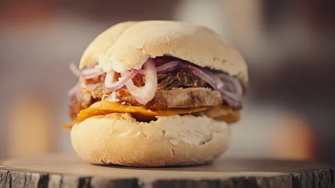 Traditional Peruvian Pan con Chicharron Pork Sandwich with Sweet Potato Video stock 341438166