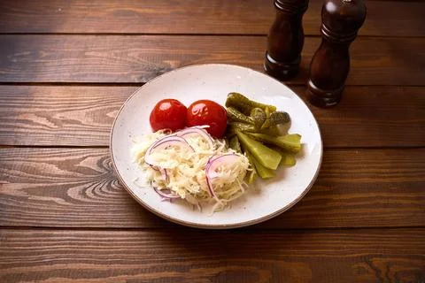 Traditional Pickled Vegetables on Rustic Table Stock Photos