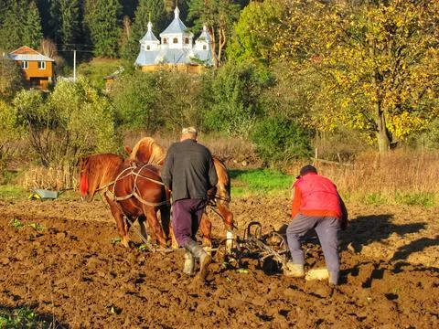 Traditional Plowing in a Mountain Village Stock Photos
