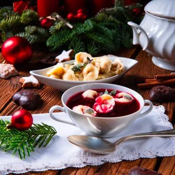 Traditional Polish Christmas Eve borscht with dumplings Stock Photos