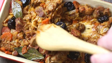 Traditional Polish dish Bigos with cabbage and meat. National cuisine. Stock Footage 320671799