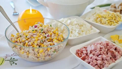 Traditional Polish Easter Celebration Table Setting With Salad Dish Stock Footage 186683714