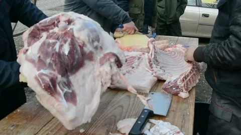 Traditional processing of pig meat in the open air in Serbia Stock Footage 73835823