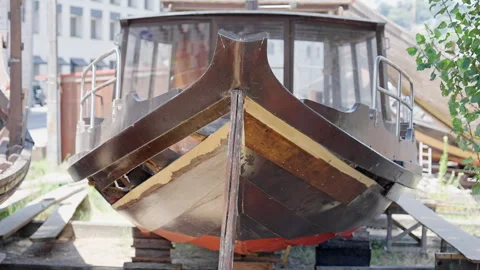 Traditional rabelo boat resting in a shipyard in Porto, Portugal Stock Footage 342024969