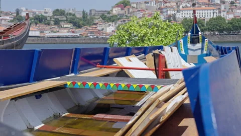 Traditional Rabelo boats moored on the Douro river in Porto Stock Footage 342024941
