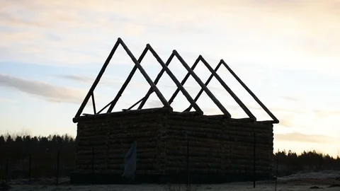 Traditional rafter system made of logs, used in the construction of a house  fro Stock Footage 123111483
