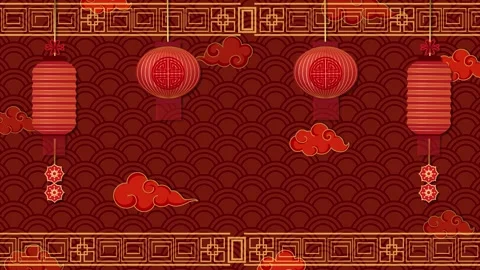 Traditional Red Chinese Background with Hanging Lanterns and Floating Clouds Stock Footage 329658432