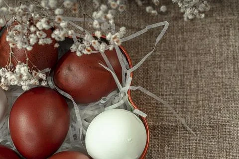 Traditional red Easter eggs in a plate. Viewpoint from above. Easter backgrou Stock Photos