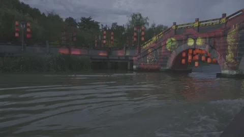Traditional Red Lantern Decorated Bridge Reflected on River Night Stock-Footage 343551435