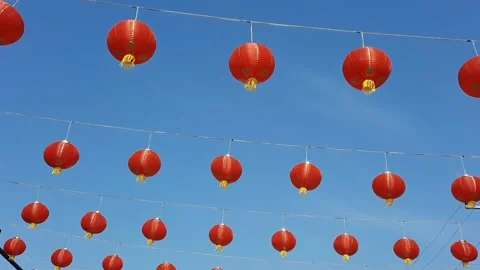 Traditional red lanterns hanging in temple celebrating Chinese new year Stock Footage 148366367
