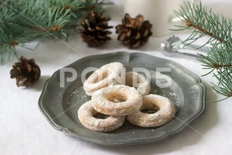 Traditional Romanian or Moldovan cookies from shortcrust pastry and a cup of Stock Photos