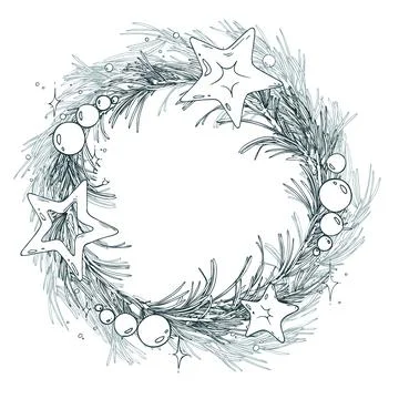A traditional round wreath of pine branches with stars and beads. A hand-drawn Stock Illustration