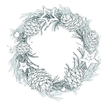 A traditional round wreath of pine branches, pine cones, and stars. A hand-drawn Stock Illustration