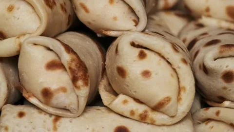 Traditional Russian Blini, Stack of Stuffed Pancakes Stock Footage 303753437