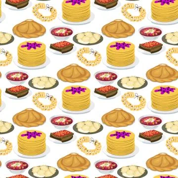 Traditional Russian cuisine seamless pattern background culture dish course food Stock Illustration