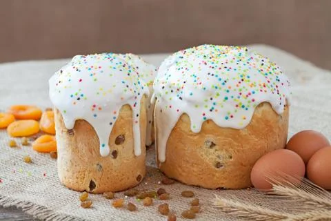 Traditional russian easter cake also called kulich with sugar icind, dried ap Stock Photos