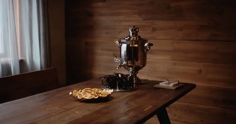 Traditional Russian Samovar on a table. Sequence of shots. Stock Footage 82713128