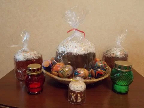 Traditional Russian Sweet Easter Bread with Painted Eggs, Easter Kulich Stock Photos