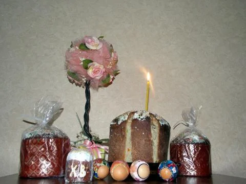 Traditional Russian Sweet Easter Bread with Painted Eggs, Easter Kulich Stock Photos