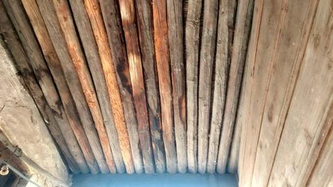 Traditional Rustic Wooden Log Ceiling Architecture Inside Old Rural House Stock Photos