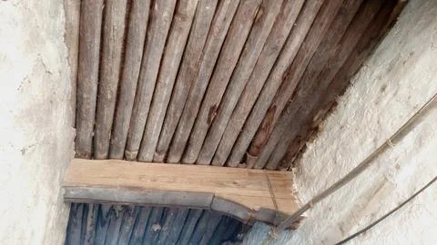 Traditional Rustic Wooden Log Ceiling Architecture Inside Old Rural House Stock Photos