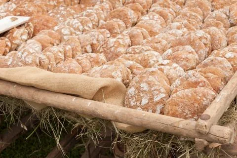 Traditional Rye flour bread cooked on site during the "Speckfest" celebration Stock Photos