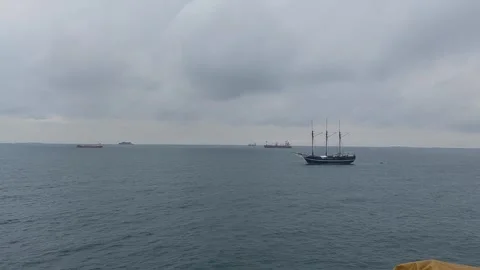 Traditional sailing vessel and cargo ships in Indonesia. Stock Footage 345974880