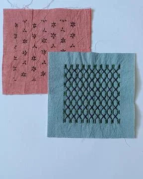 Traditional Sashiko Stitching Patterns Displayed Together.  Stock Photos