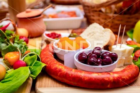 Traditional sausages are arranged for review at food contest Stock Photos