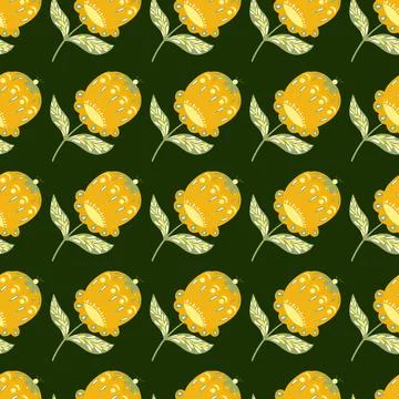 Traditional seamless pattern with bright yellow folk flowers ornament. Dark g Illustrazione stock