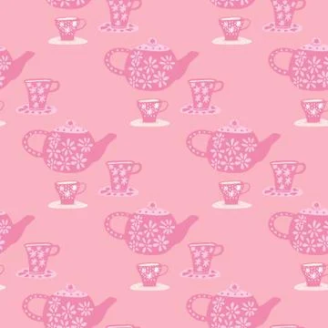 Traditional seamless pattern with doodle tea ceremony elements. Pink palette  Stock Illustration