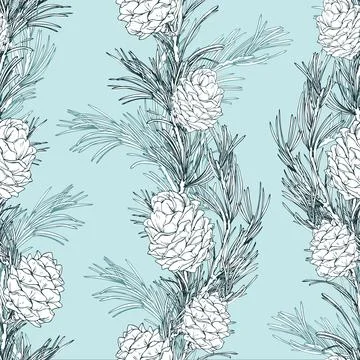 A traditional seamless pattern with pine branches and cones. The graphic line Stock Illustration