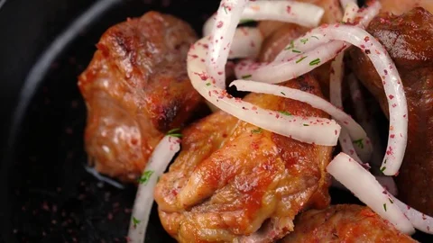 Traditional shashlik or shish kebab, Served in Georgian restaurant, close-up Stock Footage 83163653