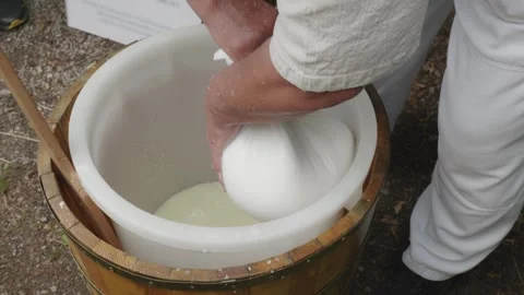Traditional Sheep Cheese Making – Curd Draining in Cloth Stock Footage 314552091