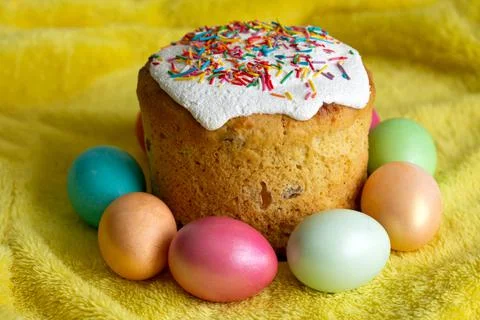 Traditional Slavic Easter cake decorated with sprinkles Stock Photos