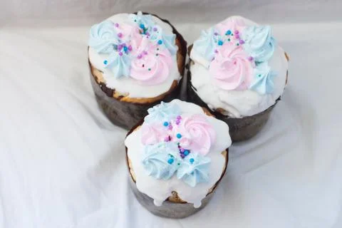 Traditional slavic orthodox easter cake named kulich with white icing, mering Stock Photos