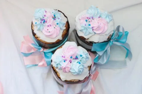 Traditional slavic orthodox easter cake named kulich with white icing, mering Stock Photos