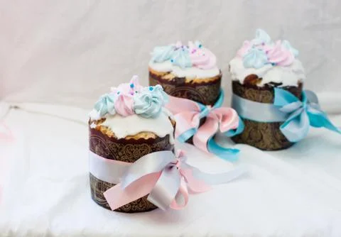Traditional slavic orthodox easter cake named kulich with white icing, mering Stock Photos