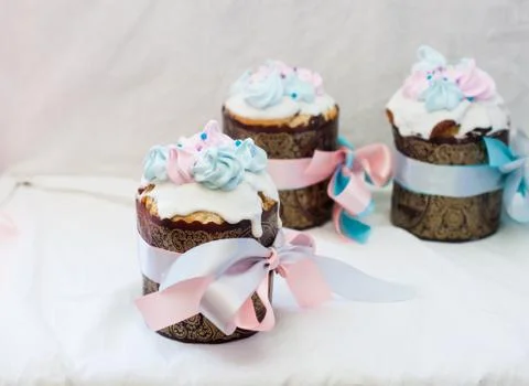 Traditional slavic orthodox easter cake named kulich with white icing, mering Stock Photos