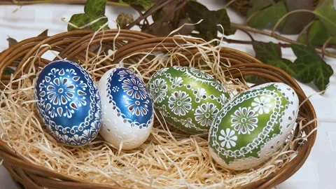 Traditional Slovak Easter Eggs in Wicker Basket Stock-Footage 342819864