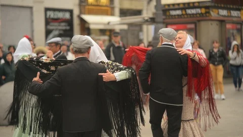 Traditional Spanish Dance in Madrid - Old Senior People Dancing Performance Stock Footage
