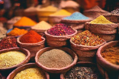 Traditional spices in local bazaar Ilustración de archivo