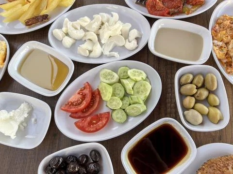 Traditional spread Turkish breakfast on table Stock Photos