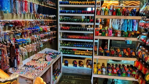 Traditional Sri Lankan objects and arts in a shop in Ella, Sri Lanka Stock Footage 332055824